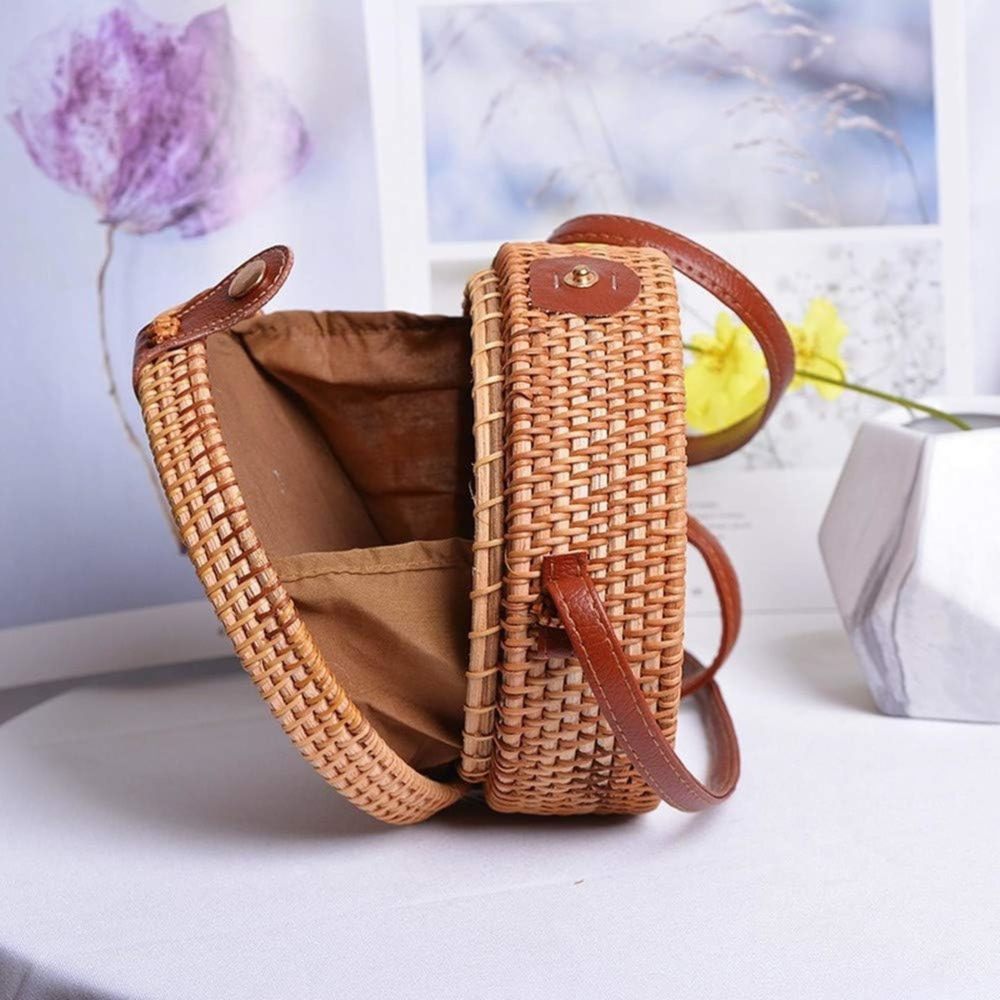 Handwoven Round Rattan Purse With Leather Strap Boho Straw Crossbody :O - Picture 4 of 8